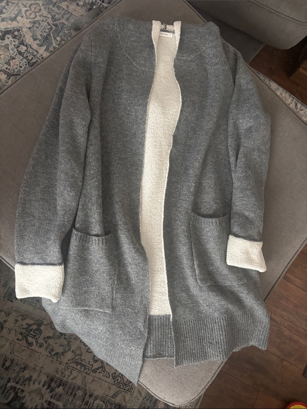Maurices Gray Open-Front Cardigan with Cream Trim and Hood